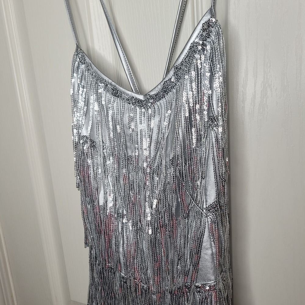 Silver Fringe Lace-Up Back Romper Women's Sz M Vegas Party Go-Go Burlesque Eras - Picture 4 of 13